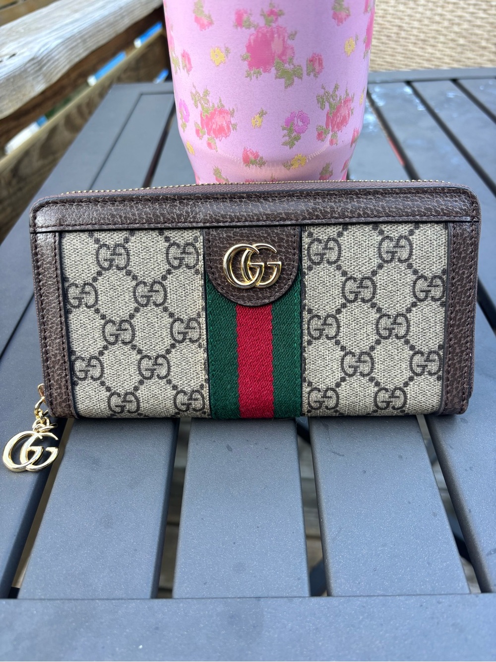 Gucci Ophidia GG supreme long zip around wallet web stripe canvas leather